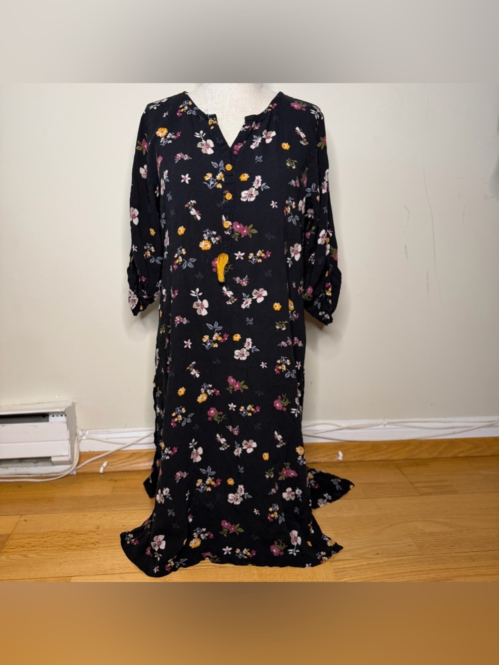 Avaasa Floral Midi Dress M Black Slits Boho Tassel Peasant Prairie Cottagecore